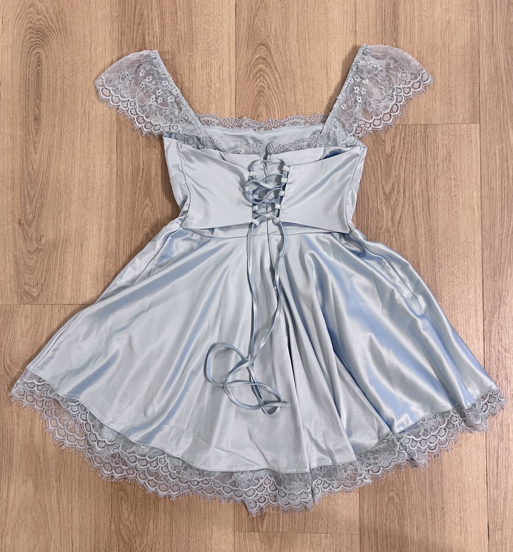 Süßes Damen Girly Mädchen Lolita Kawaii Bustier Kleidchen Satin Hellblau Schnürung Spitze XS
