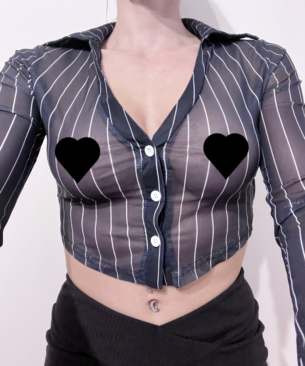 Sexy Damen Langarm Crop Mesh Bluse Dunkelblau Weiß bauchfrei XS