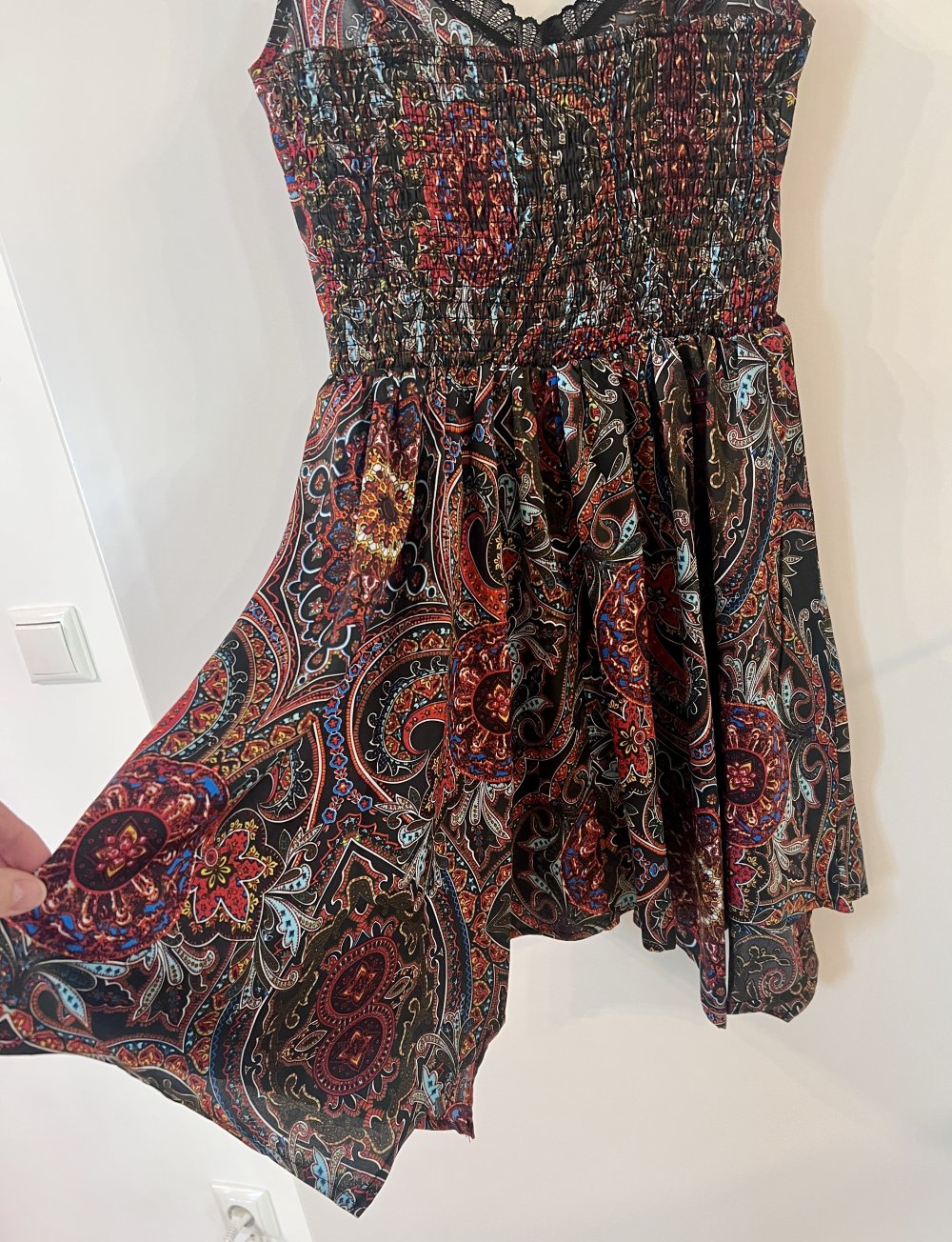 Damen Paisley Hippie Look Sommerkleid Zipfel Schwarz Bunt XS/34