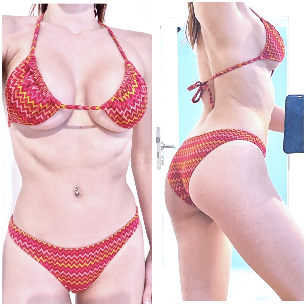 Damen Retro ZickZack gestreifter Hippie Bikini Set Rot Mango Swimwear XS/S
