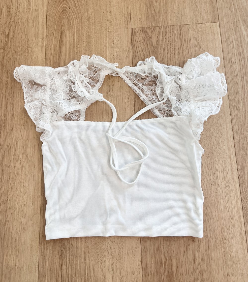 Sexy Damen süßes Lolita Doll Kawaii Crop T-Shirt mit Spitze Weiß XS