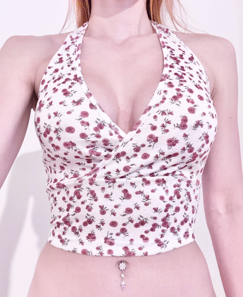 Sexy Damen geblümtes Neckholder ditsy flower Y2K bauchfreies Camisole Crop Top Weiß Spitze XS
