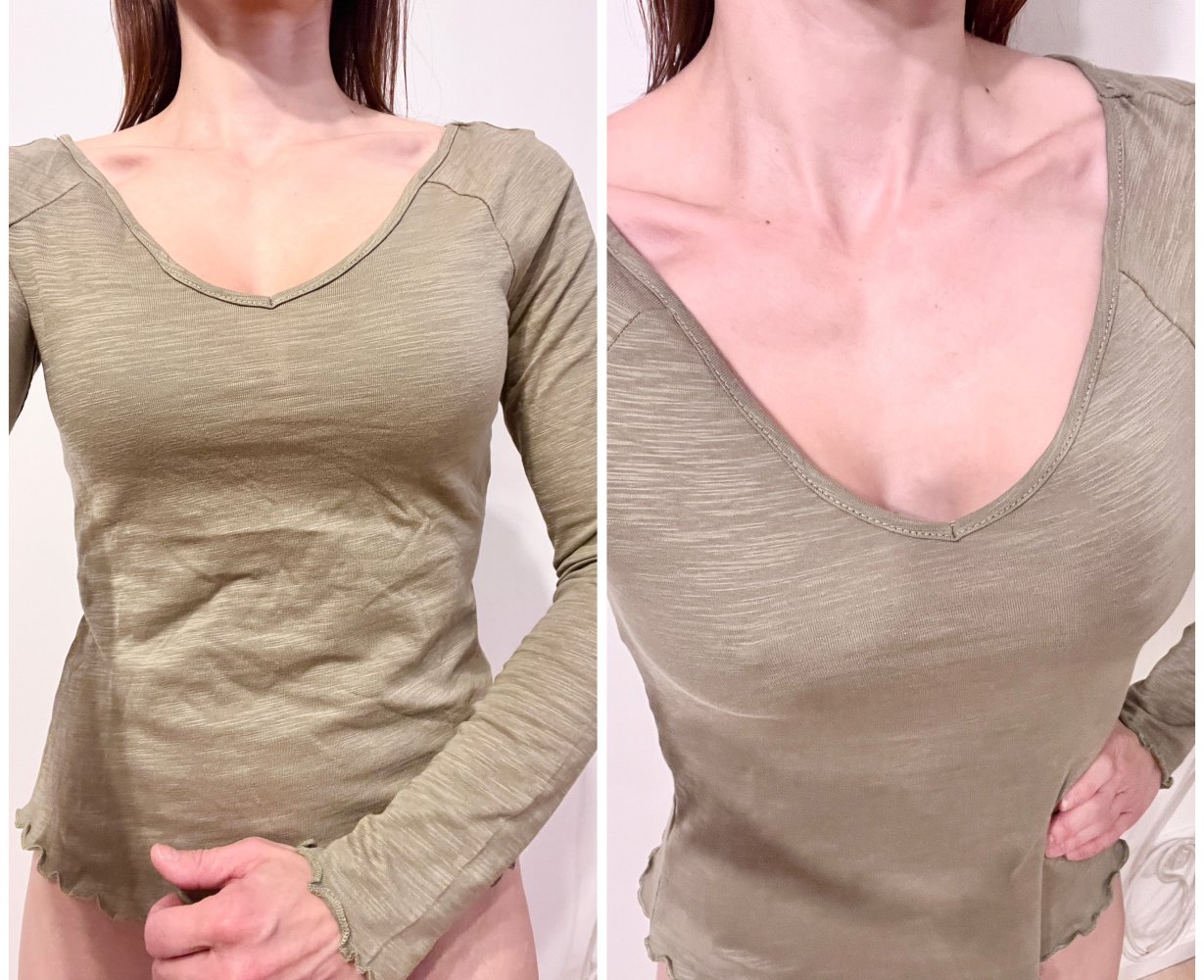 Damen 100% Baumwolle V-Ausschnitt meliertes Langarm Shirt XS/34