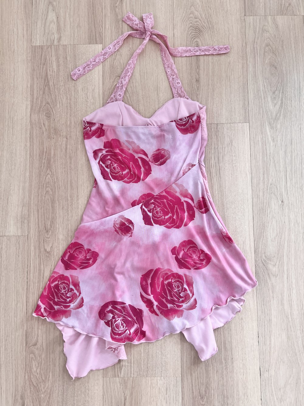 Damen Neckholder Y2K asymmetrisch Patchwork Spitze Rosa Minikleid S/36