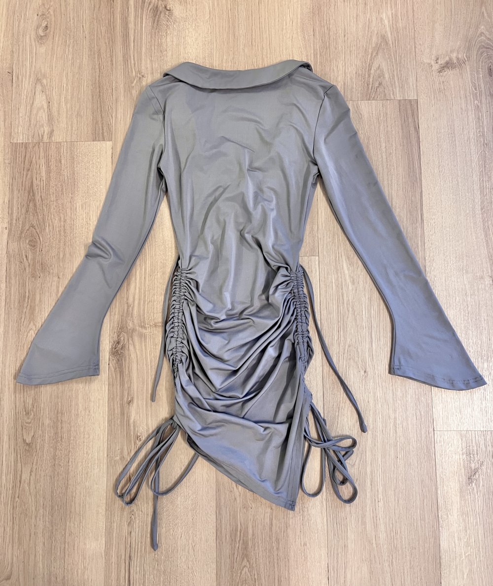 Sexy Langarm Bodycon asymmetrisches Langarm Minikleid Schnürung Raffung Grau XS