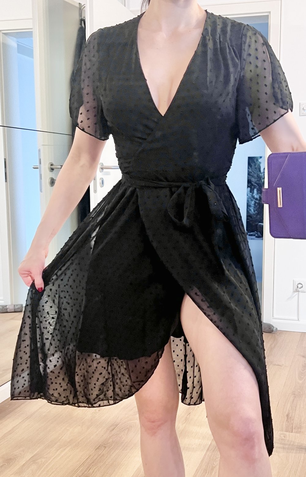 Damen Midi leichtes gepunktetes Wickelkleid mit Flügelärmeln XS/S