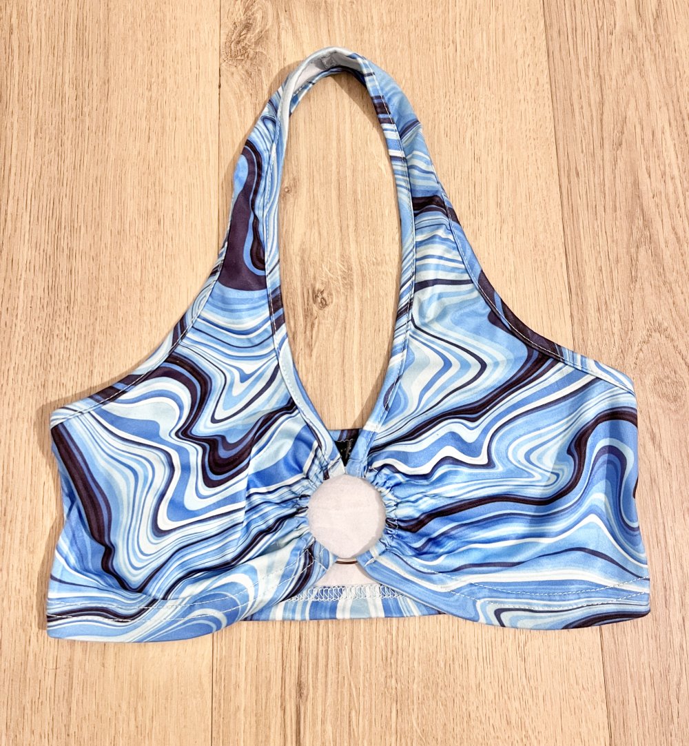 Sexy Damen Marmorprint Retro Hippie Y2K Neckholder bauchfreies Crop Top Bralette Blau O-Ring XS