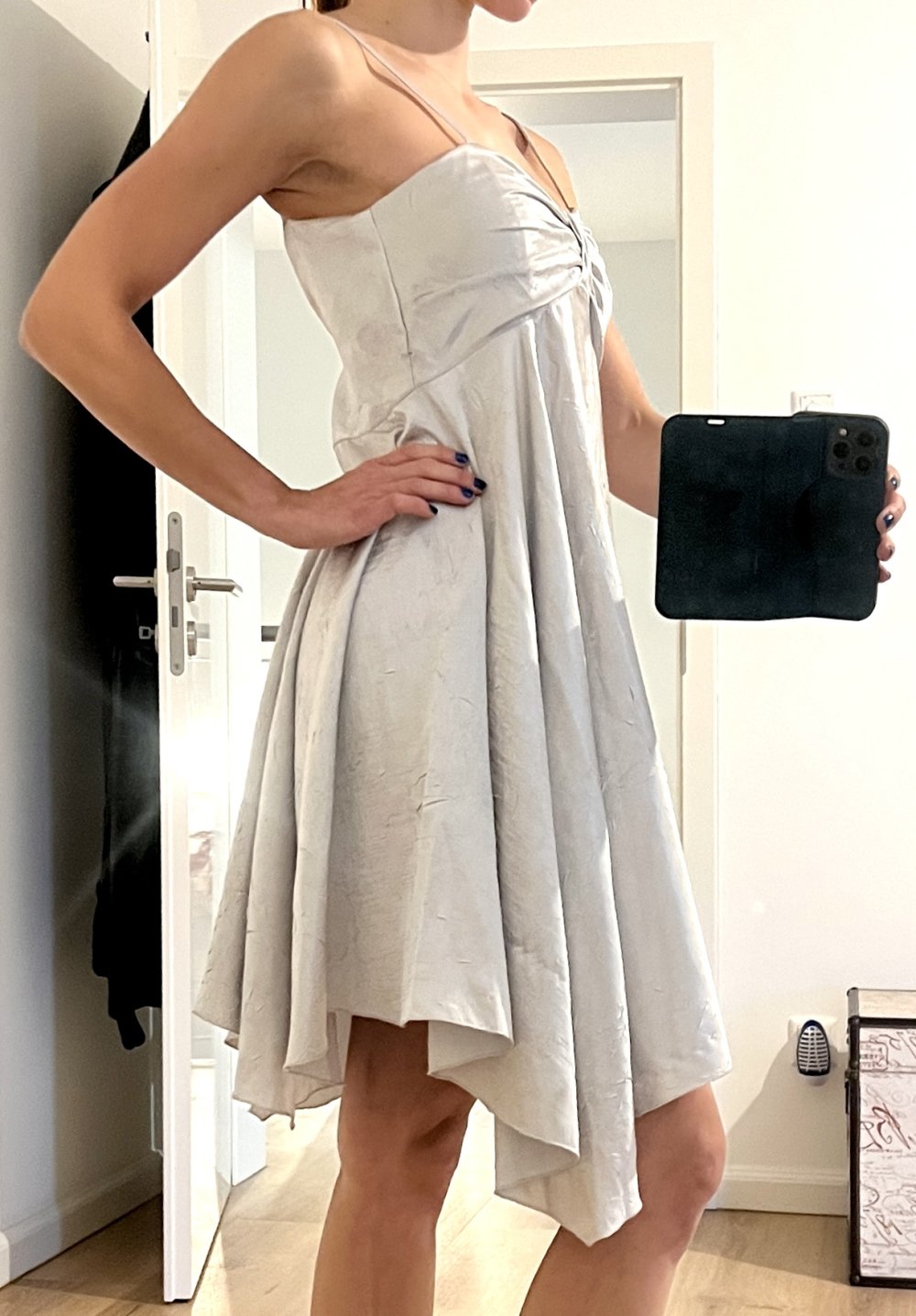 Damen Vintage Babydoll Cocktailkleid Abendkleid Silber Metallic S