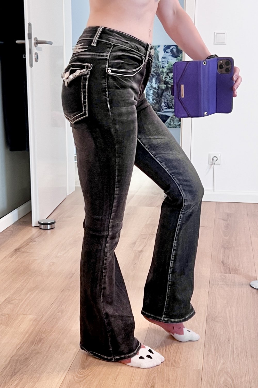 Sexy Damen Y2K Mid Waist Jeans Denim Bootcut Schlaghose Glitzer XS
