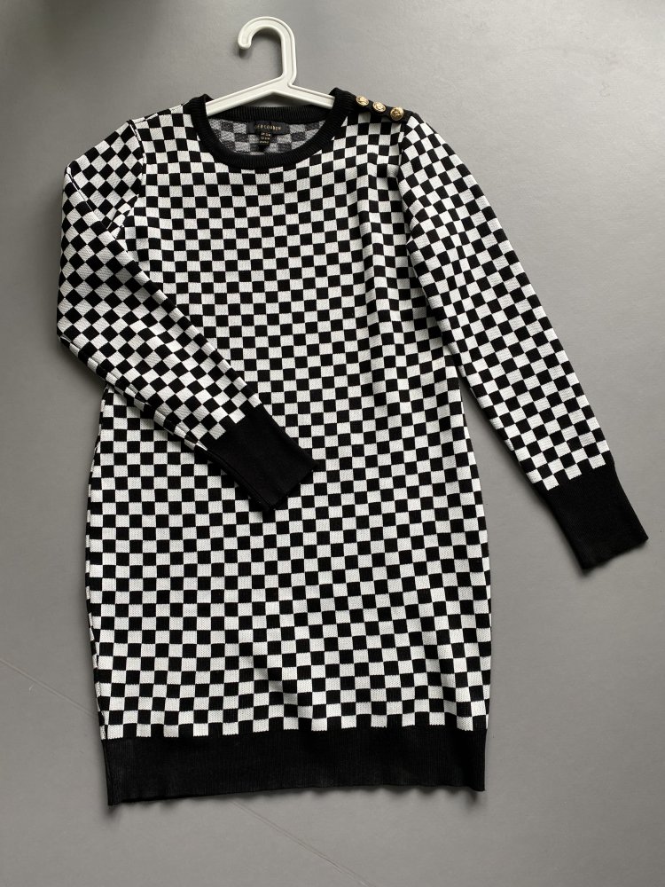 QED London Kariertes Strickkleid Schwarz / Weiß Kleid Gr. S / M