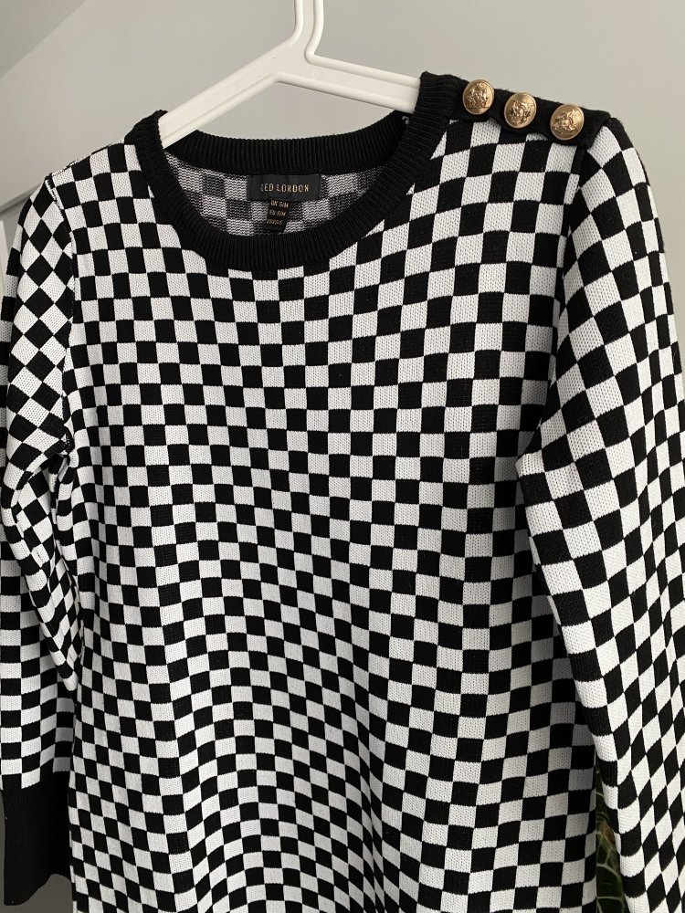 QED London Kariertes Strickkleid Schwarz / Weiß Kleid Gr. S / M