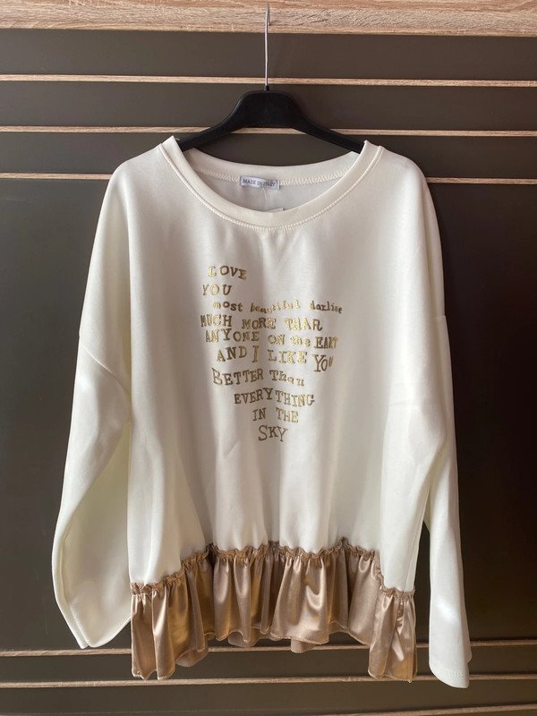 Damen Shirt Weiß mit Gold-Print & Rüschen Volants langarm Oberteil Bluse Tunika Gr. M  Neu elegant Herbstmode