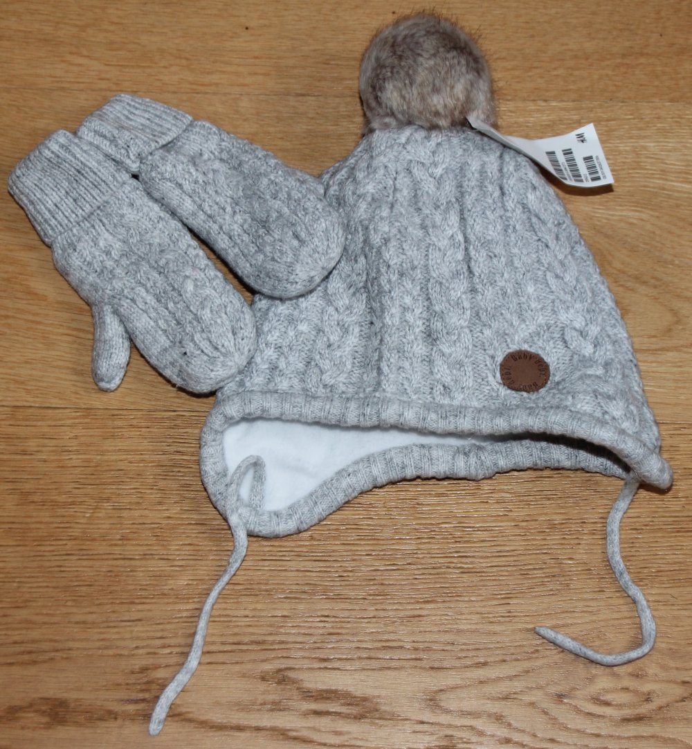 H&M Strick Set Mütze Handschuhe 86 92 grau Winter Mädchen Neu!