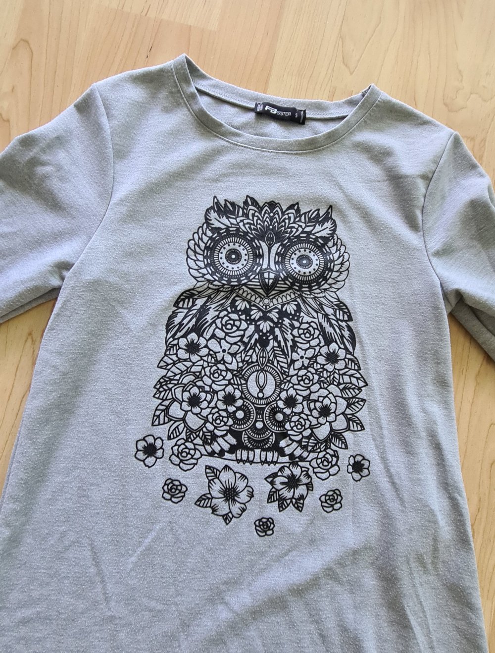 FB Sister Print Shirt Eule 3/4 Ärmel Gr S Asymmetrisch