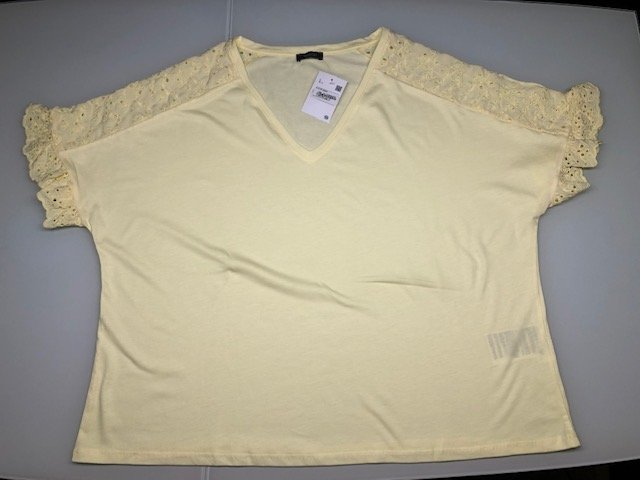 Damen T-Shirt Kurzarm Kurzarmshirt Bluse Sommer Shirt Gelb Spitze Gr. L Marke: Yessica C&A neu mit Etikett