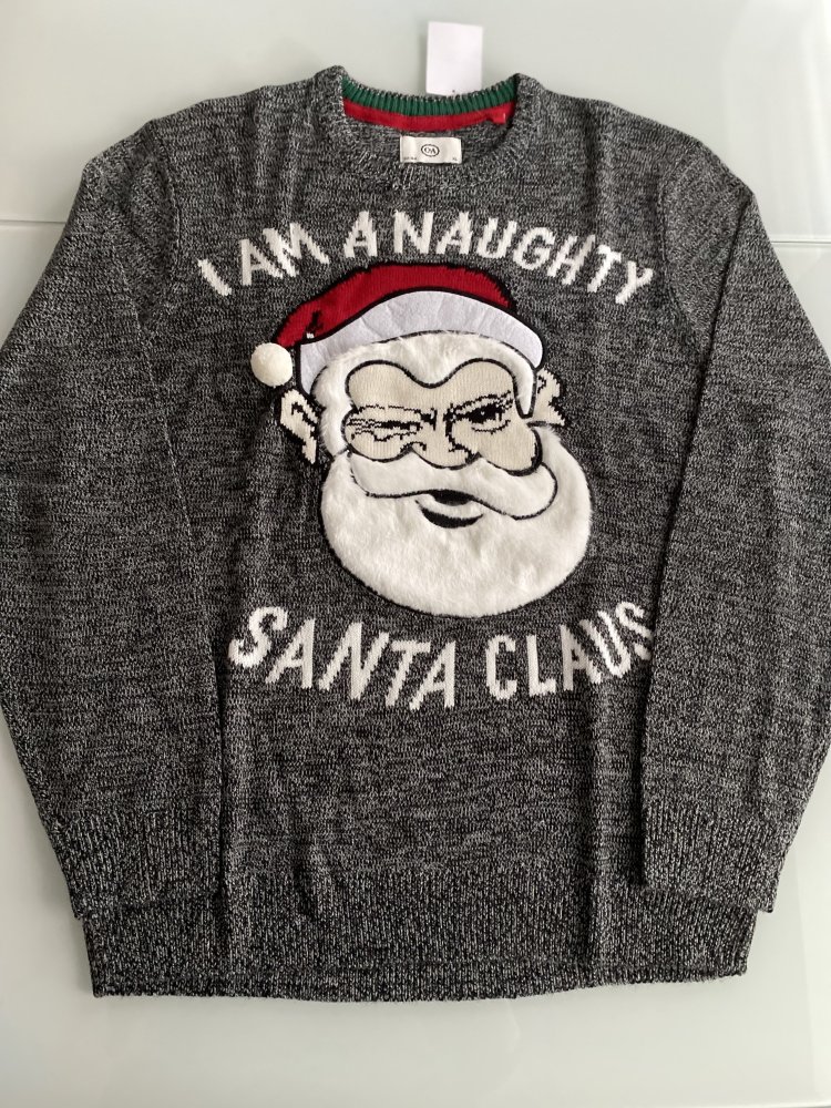 Herren Pulli Pullover Weihnachtspullover Weihnachtsmann Weihnachten Santa Claus Grau Neue Maske Mundschutz Geschenk Ho Ho Ho Gr. M, neu mit Etikett