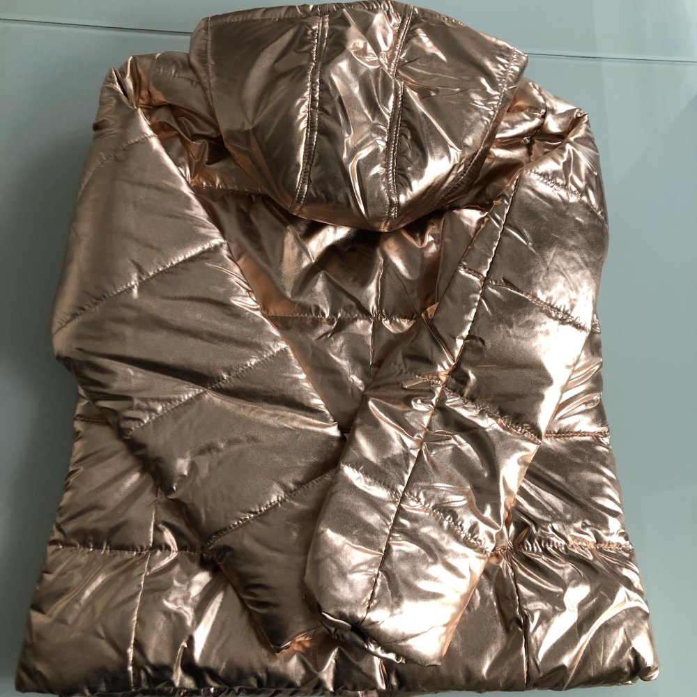 Damen Mädchen Steppjacke Kapuze Kapuzenjacke Metallicoptik Gold Kupfer Rosa (s. Farbe im Bild, ich erkenne leider die genaue Farbe nicht) Wattiert Leicht Leistentaschen Gr. 42 - neu mit Etikett