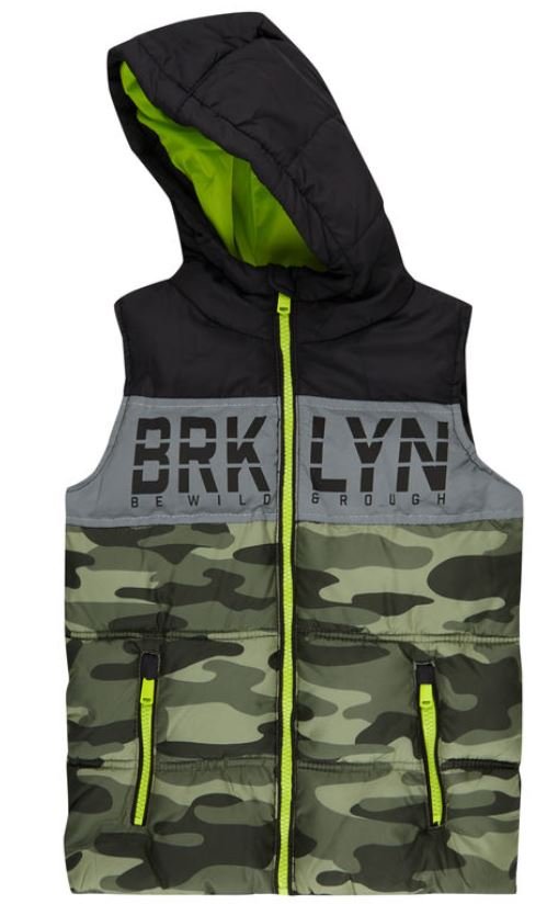 Jungen Kinder Weste Steppweste Camouflage Armee Kapuze Reißverschluss Grün Khaki Gr. 110 