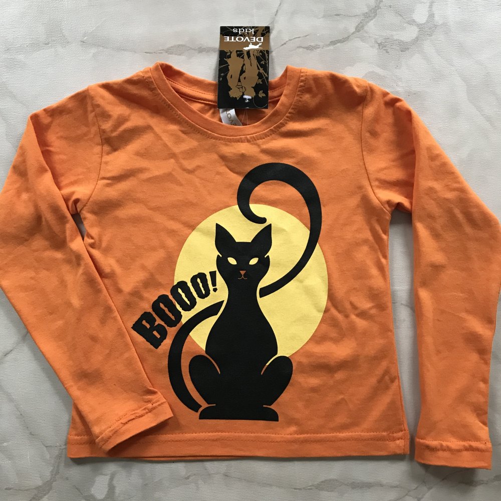 Jungen Mädchen Kinder Bluse Langarm Longsleeve Schwarze Katze Orange Booo Halloween Fasching Verkleidung 100% Baumwolle Gr. ca 98/104, neu mit Etikett