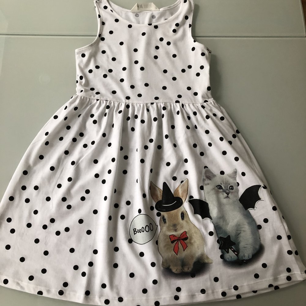 Mädchen Kleid Kleidchen Halloween Katze Hase Booo Fasching Verkleidung Baumwolle Bessondere Anlässe Gepunktet Weiß Schwarz, Marke: H&M, neu mit Etikett Gr. 140