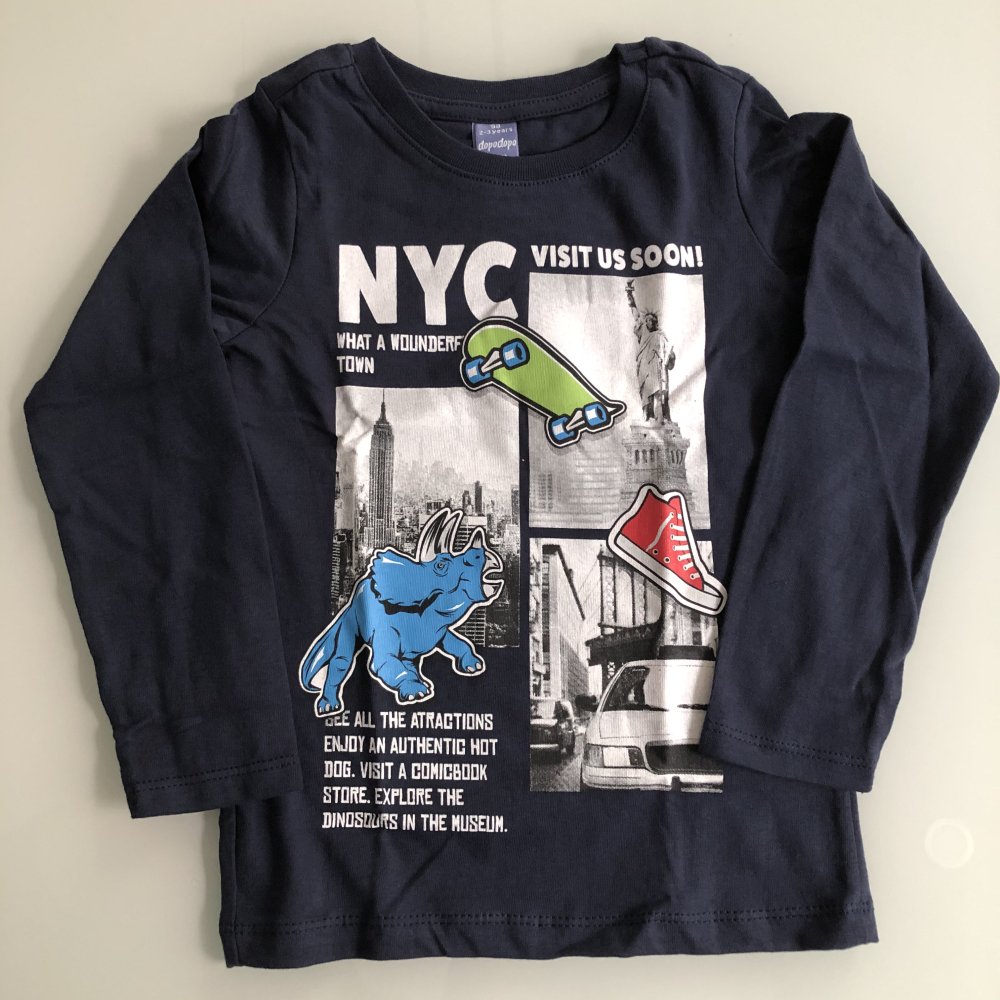 Kinder Jungen Bluse Langarm Longsleeve Marineblau Bunt Dino Skateboard Gr. 98, 100% Baumwolle neu mit Etikett, Marke: dopodopo