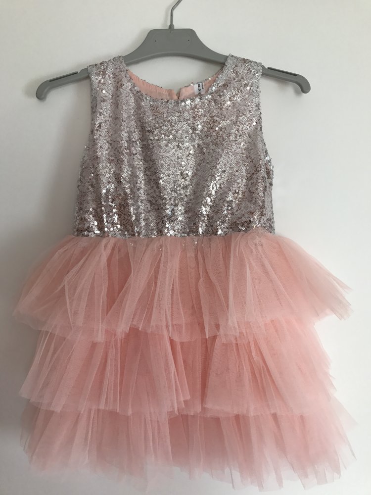 Kinder Mädchen Kleidchen Party Weihnachten Silvester Besondere Anlässe Festlich Herz Schleife Tutu Tüll Glitzer Glanz Effekt neu mit Etikett Silber Rosa Lachsfarbe, Gr. 98/104