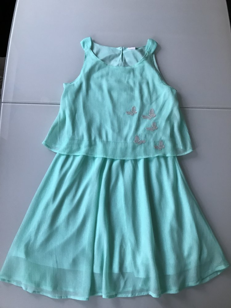 Mädchen Kleid Kleidchen Grün Schmetterlingen Glitzer Glanz Effekt Besondere Anlässe Unterrock, Marke: Here+There C&A, Gr. 158, NEU mit Etikett