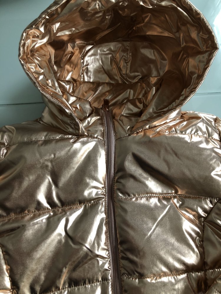 Damen Mädchen Steppjacke Kapuze Kapuzenjacke Metallicoptik Gold Kupfer Rosa (s. Farbe im Bild, ich erkenne leider die genaue Farbe nicht) Wattiert Leicht Leistentaschen Gr. 42 - neu mit Etikett