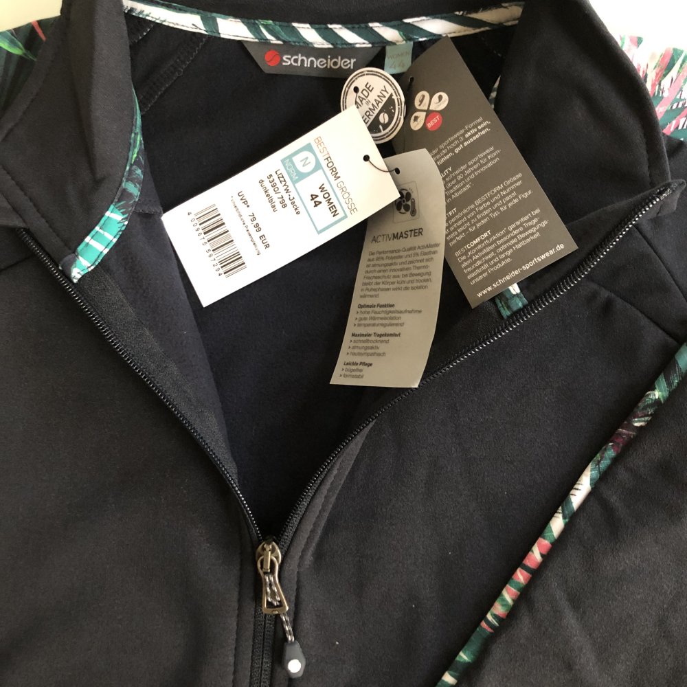 Mädchen Damen Woman Schneider Jacke Bluse Langarm Longsleeve Reißverschluss Schwarz Grün Muster Gr. 44, NEU, Marke: Schneider