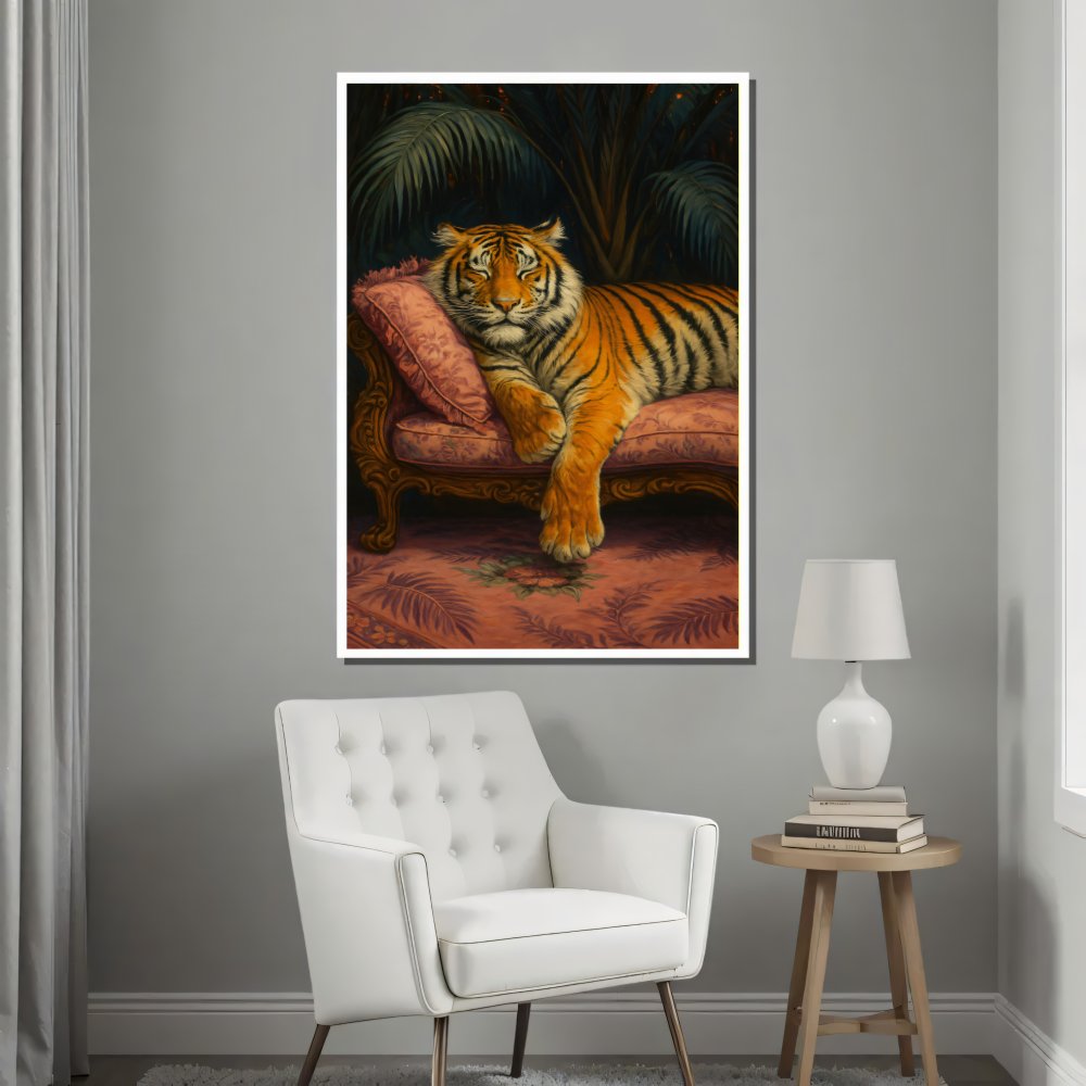 Digitales Poster Tiger auf Sofa – Vintage Dschungel Kunst – JPEG 300dpi