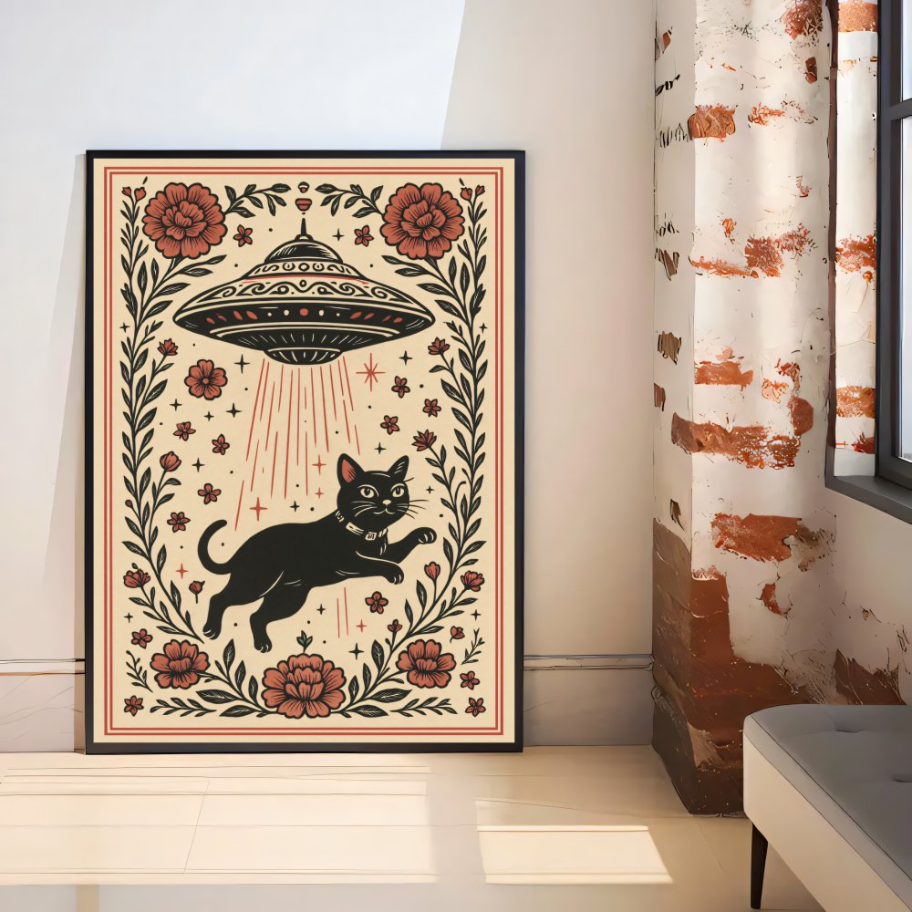 Digitales Poster UFO & schwarze Katze – Retro Space Katzenkunst – JPEG 300dpi