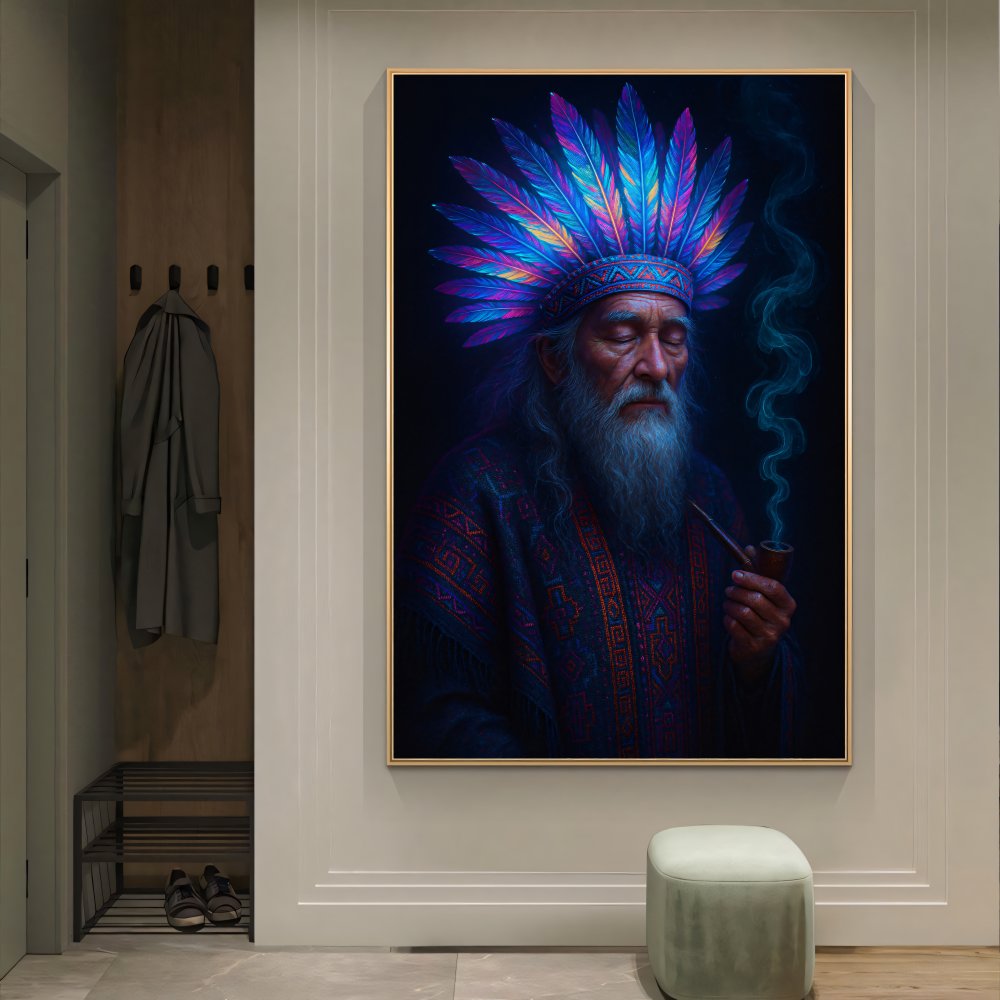Digitales Poster Schamane mit Federkrone Neon – Spirit Art – JPEG 300dpi
