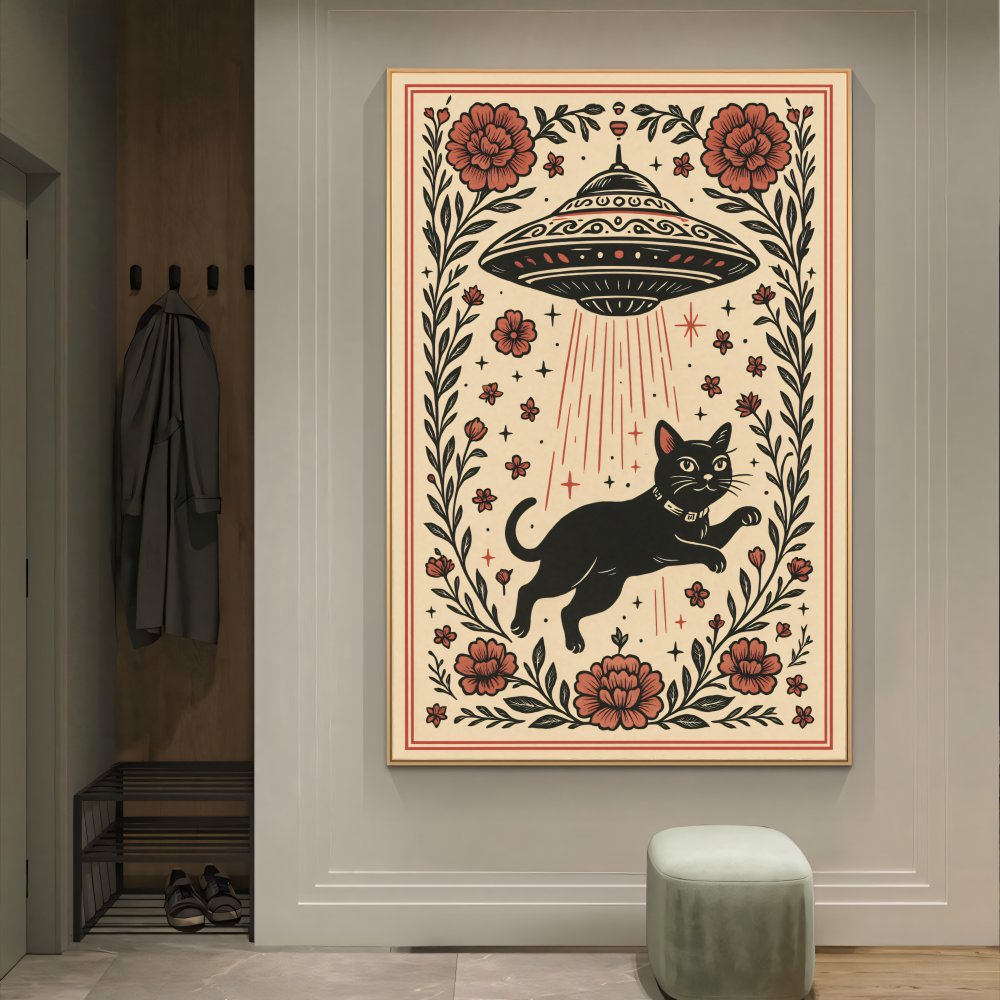 Digitales Poster UFO & schwarze Katze – Retro Space Katzenkunst – JPEG 300dpi