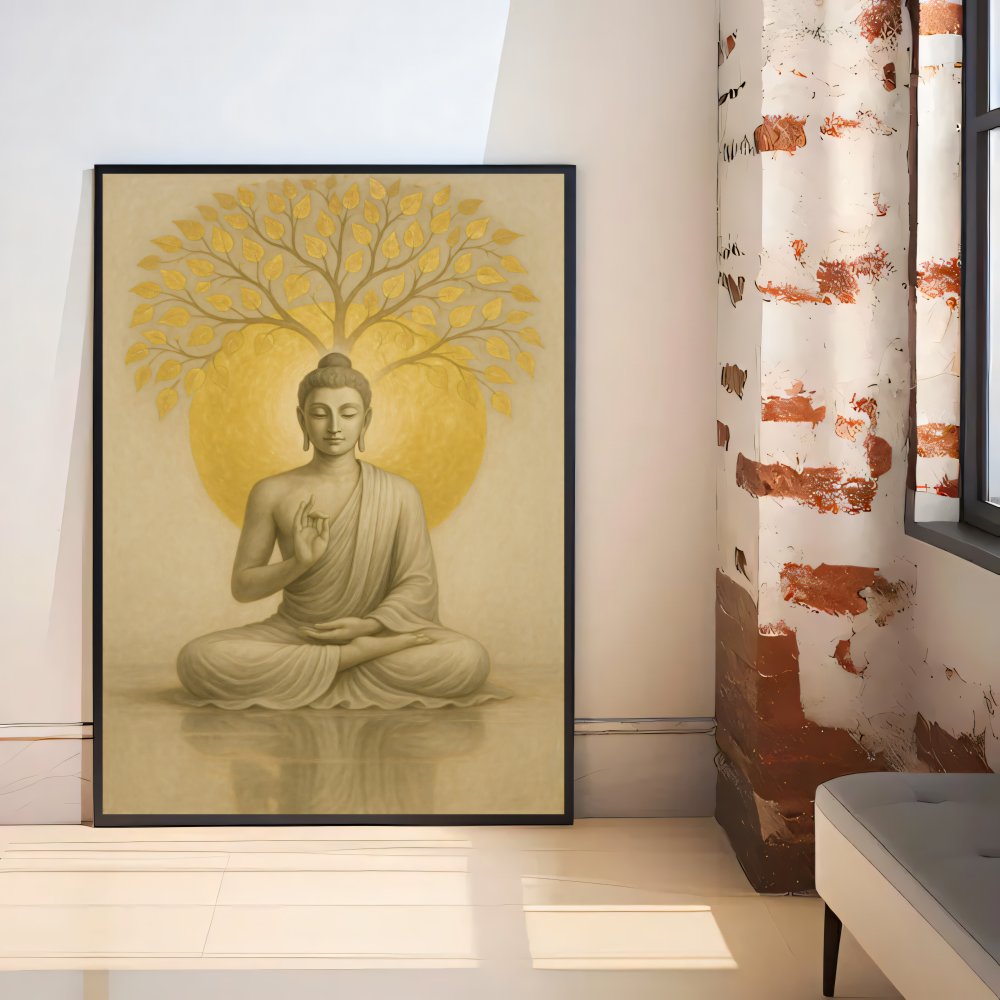 Digitales Poster Buddha unter goldenen Baum – Meditation Yoga – JPEG 300dpi