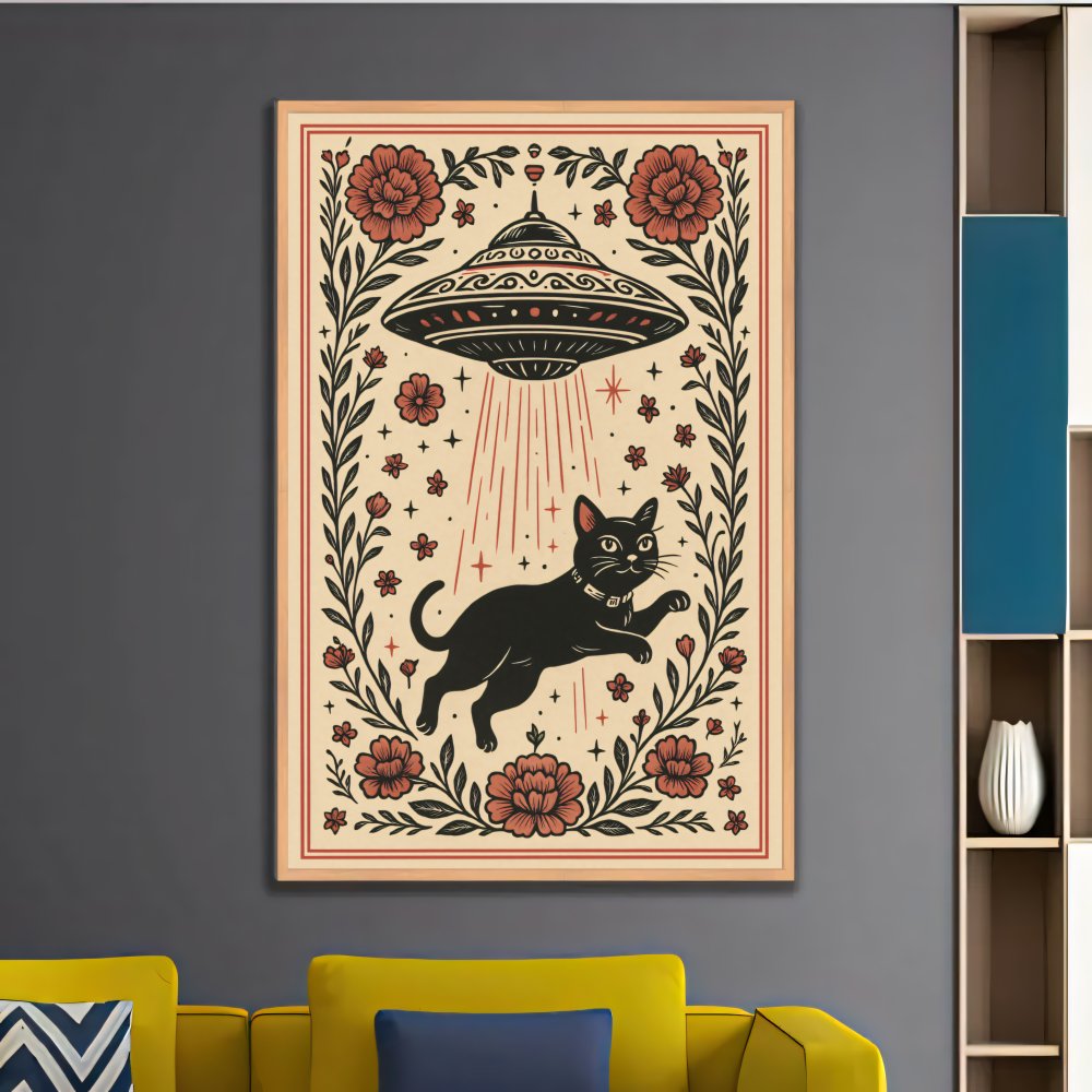 Digitales Poster UFO & schwarze Katze – Retro Space Katzenkunst – JPEG 300dpi