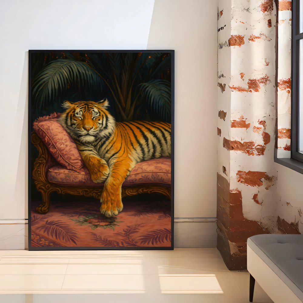 Digitales Poster Tiger auf Sofa – Vintage Dschungel Kunst – JPEG 300dpi
