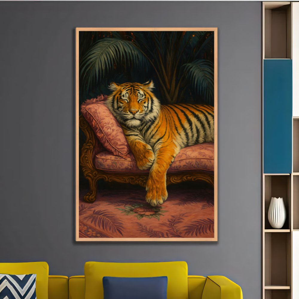 Digitales Poster Tiger auf Sofa – Vintage Dschungel Kunst – JPEG 300dpi