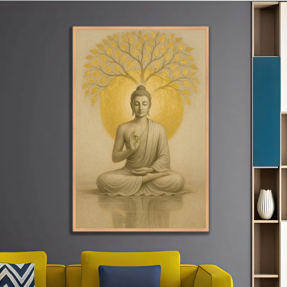 Digitales Poster Buddha unter goldenen Baum – Meditation Yoga – JPEG 300dpi