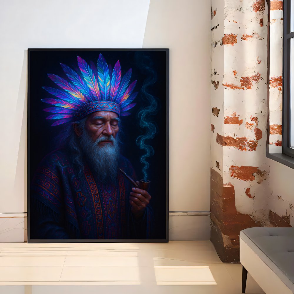 Digitales Poster Schamane mit Federkrone Neon – Spirit Art – JPEG 300dpi