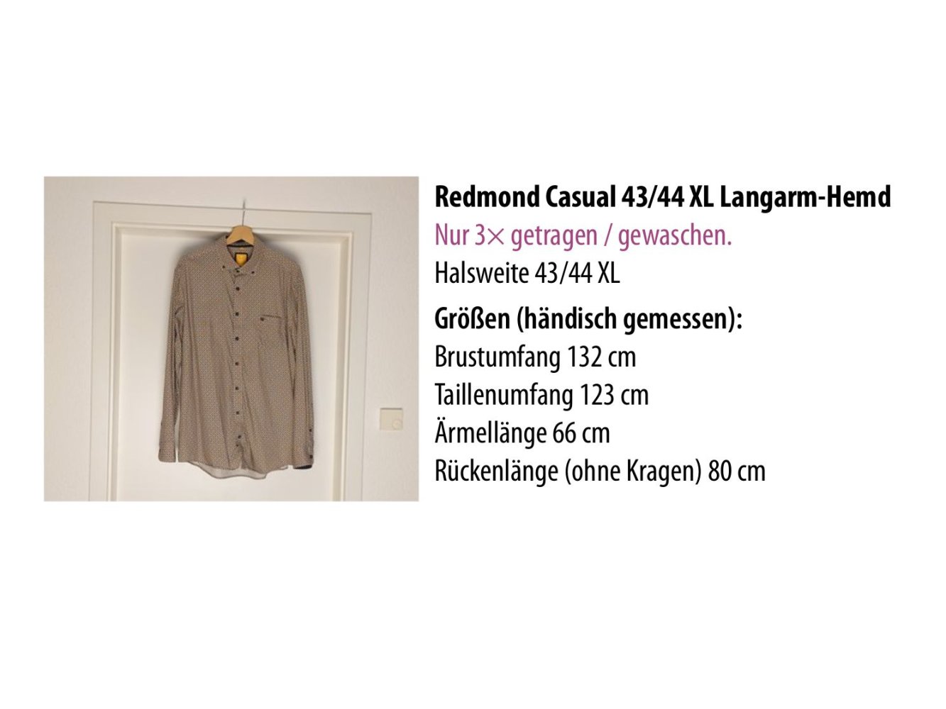 Redmond Casual 43/44 XL Brust 132 cm Taille 123 cm Langarm-Hemd