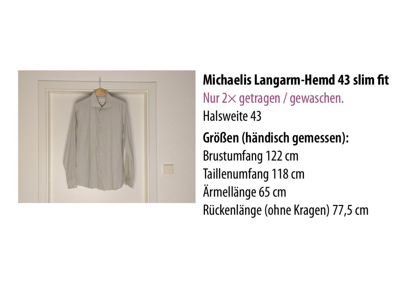 Michaelis Langarm-Hemd 43  Brust 122 cm Taille 118 cm slim fit
