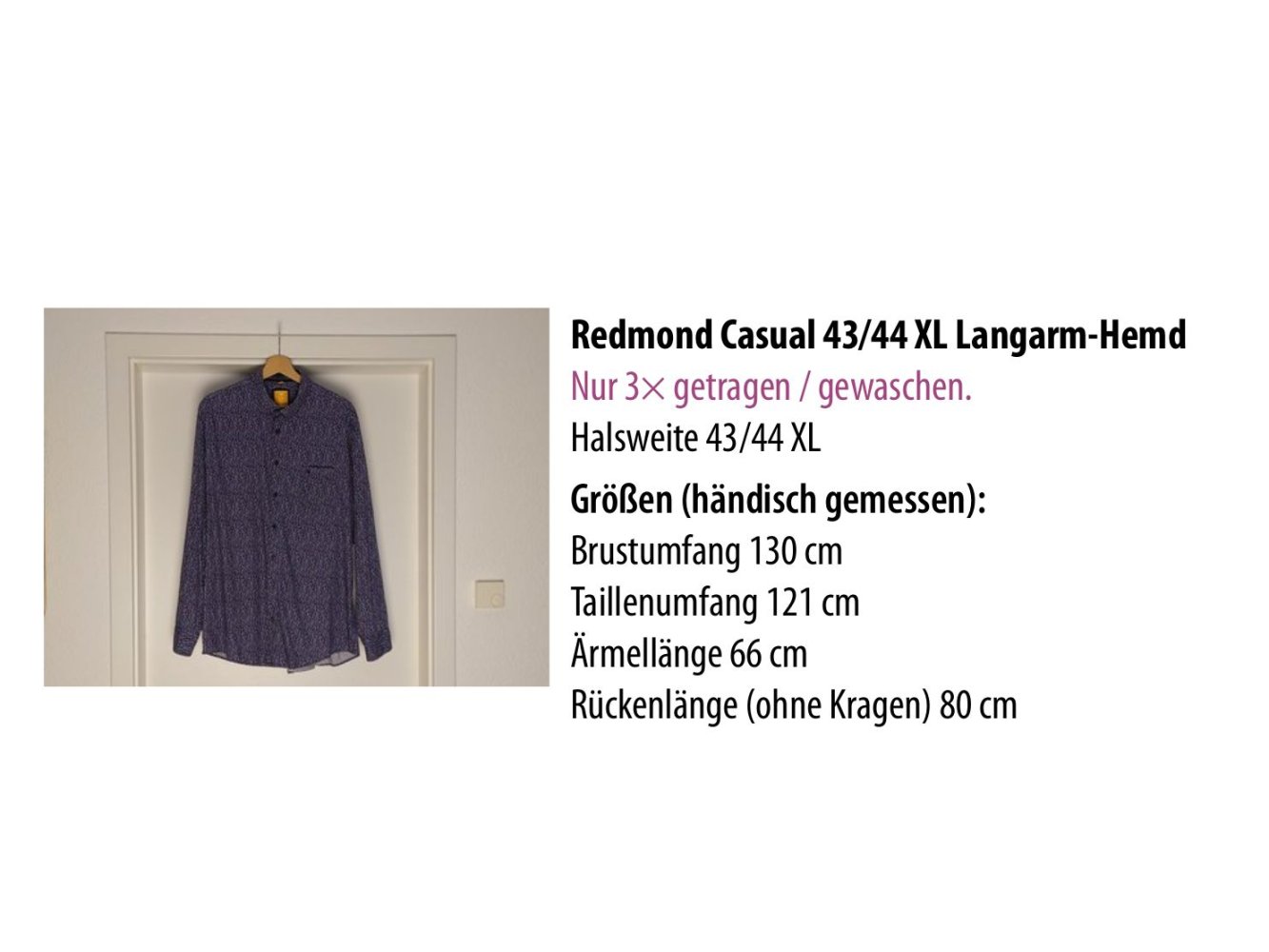 Redmond Casual 43/44 XL Brust 130 cm Taille 121 cm Langarm-Hemd
