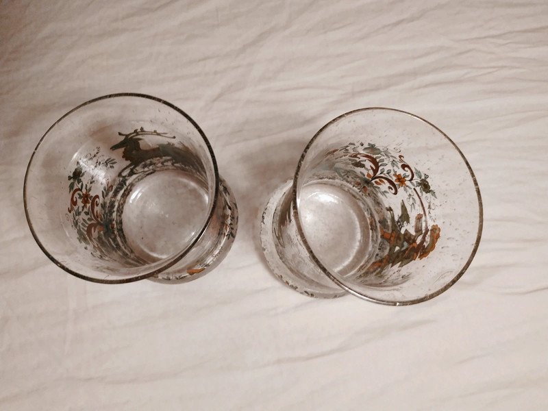 Vintage 2 Wassergläser mittelalterliche Jagdszene