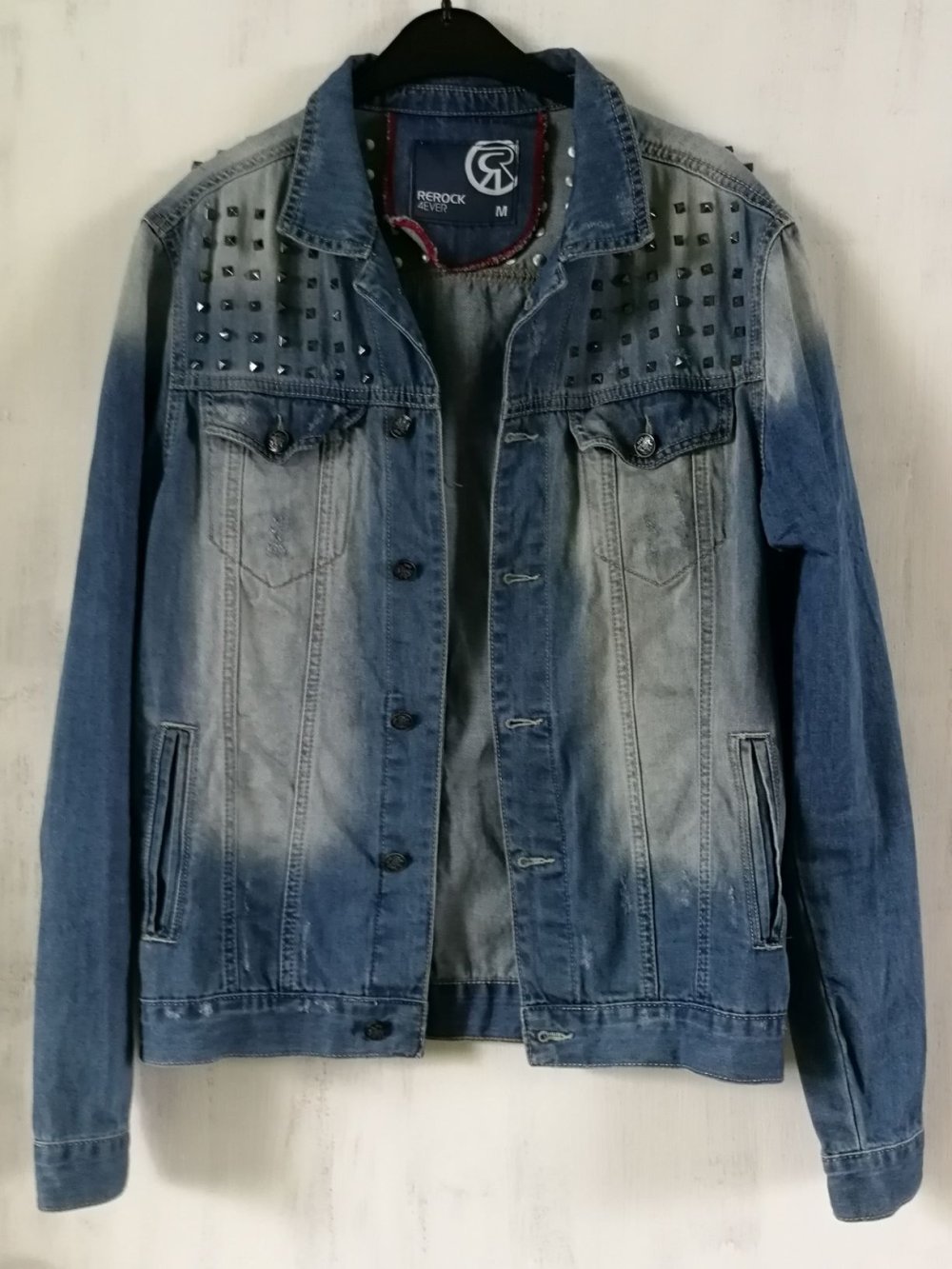 Jeans Jacke Designerjacke ReRock Nietenjacke Unisex Washed Out Usedlook Gr. M Rocker Metal Nieten!