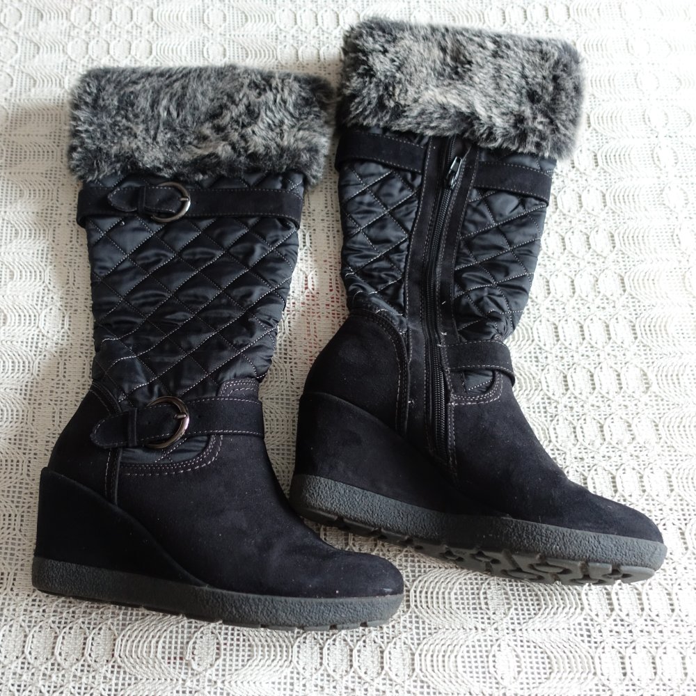 Damen - Stiefel, Fellrand, Gr. 39, schwarz, Keilabsatz, Graceland, wildlederartig