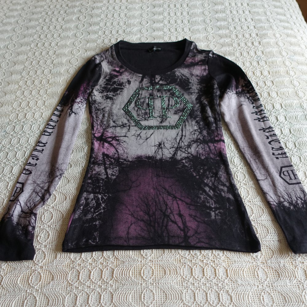 Shirt, Langarmshirt, Gr. 34 bzw. ca. Gr. XS, schwarz/bunt/silber