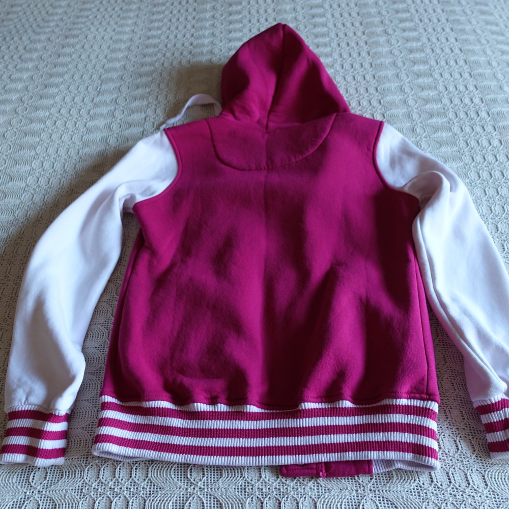 Sweatjacke, mit Kapuze, Kapuzenjacke, Gr. S/M, ca. Gr. 36/38, pink/weiß