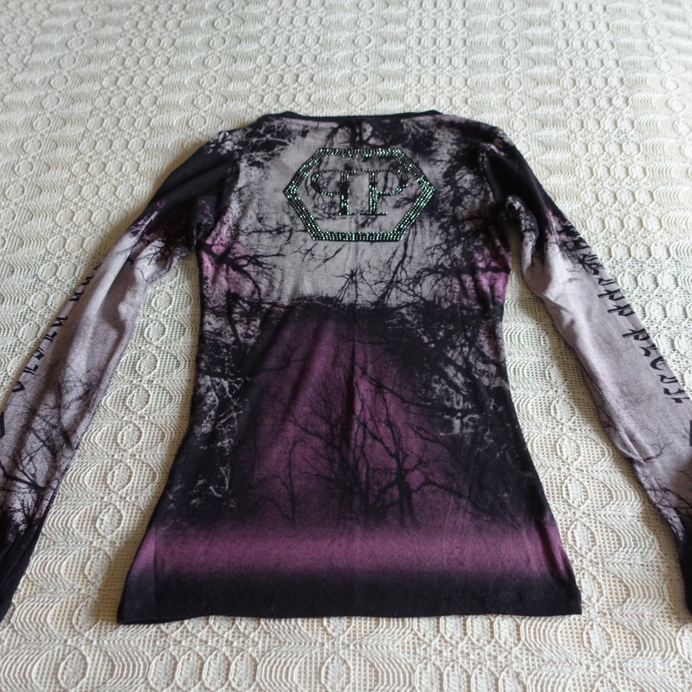 Shirt, Langarmshirt, Gr. 34 bzw. ca. Gr. XS, schwarz/bunt/silber