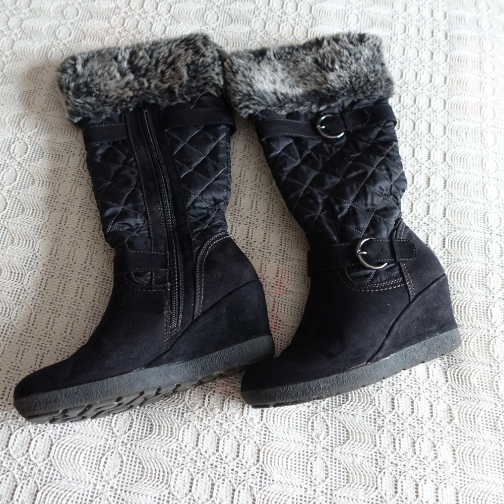 Damen - Stiefel, Fellrand, Gr. 39, schwarz, Keilabsatz, Graceland, wildlederartig