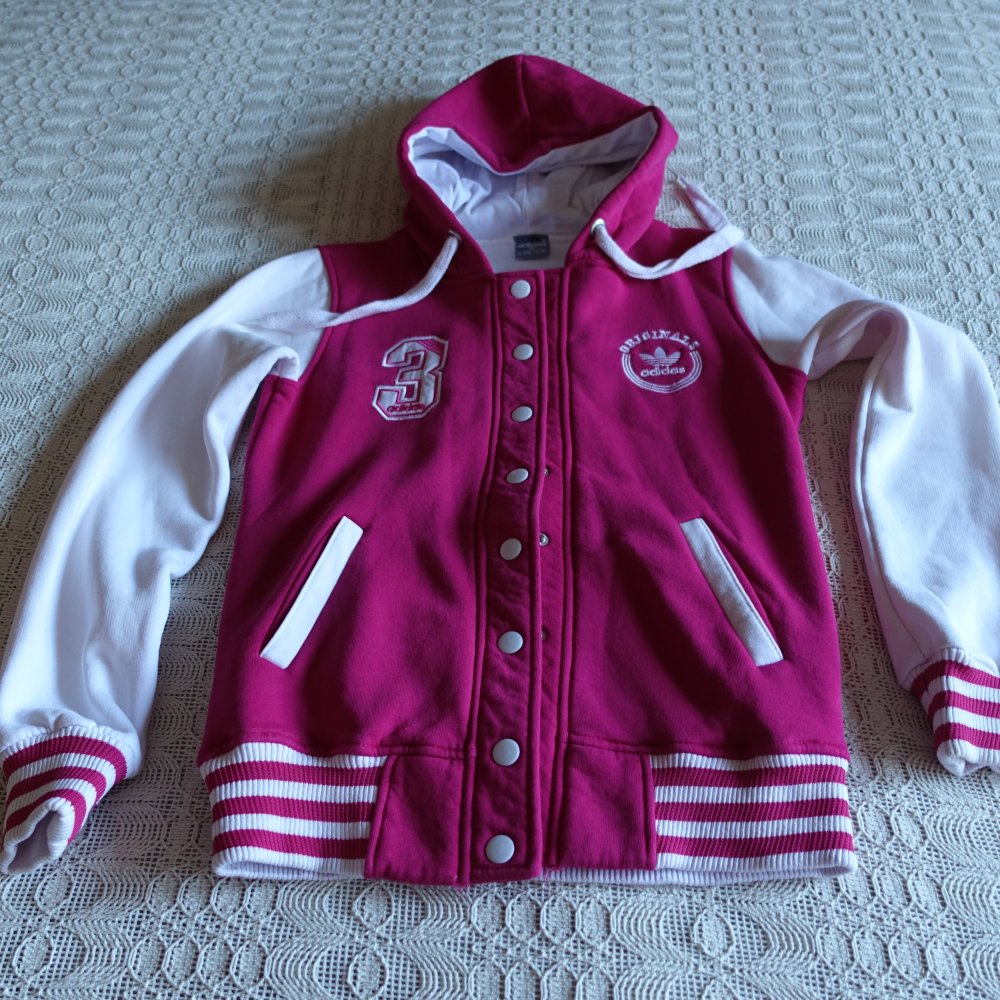 Sweatjacke, mit Kapuze, Kapuzenjacke, Gr. S/M, ca. Gr. 36/38, pink/weiß
